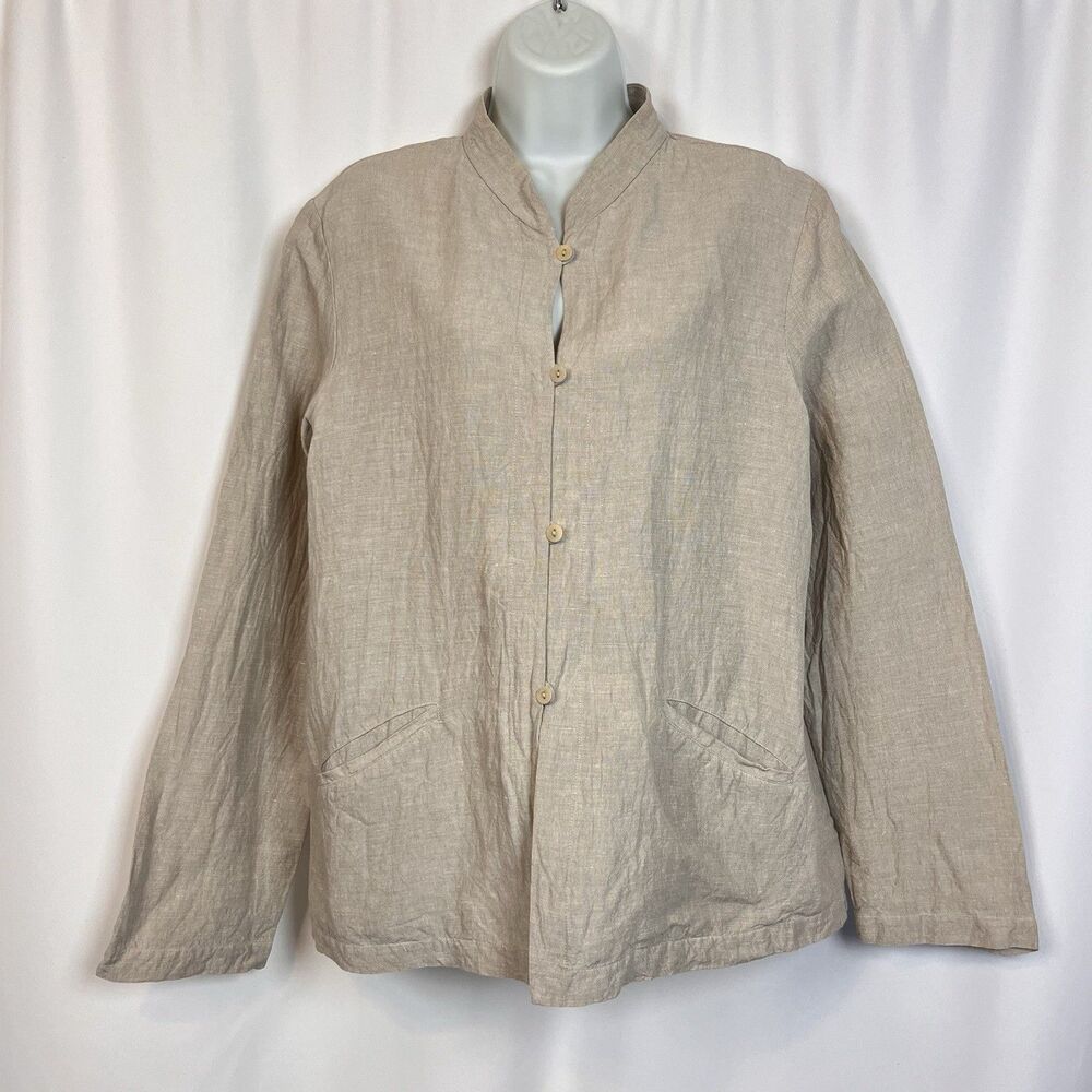 Eileen Fisher Linen Blend Jacket Womens Large Beige Mandarin Collar Made USA